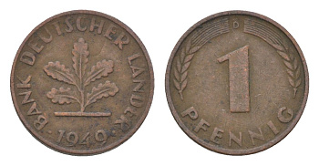 ФРГ 1 пфенниг 1949 D KM A101 сталь плакированная бронзой 4625-1131