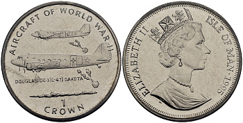 Остров Мэн 1 крона 1995 самолеты II-ой мировой войны, Дуглас DC-3 Дакота КМ 518 медно-никель UNC M80-11