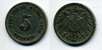 ГЕРМАНИЯ 5 ПФЕННИГОВ 1900 J, KM 11, J. 12 медно-никель 58-1242