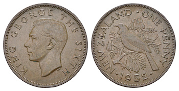 Новая Зеландия 1 пенни 1952 Георг VI (1936-1952), новозеландский туи KM 21 бронза 4512-232
