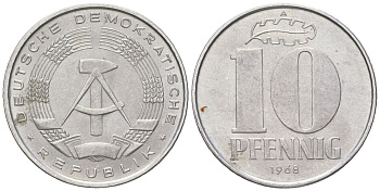 ГДР 10 пфеннигов 1968 A KM 10 алюминий aUNC 201-865