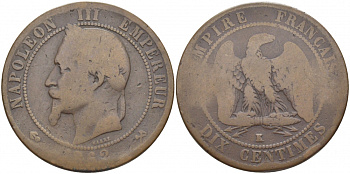 ФРАНЦИЯ 10 САНТИМОВ 1862 K, НАПОЛЕОН III (1852-1870) KM 798.3, LA FRANC 134.7 бронза 114-1213