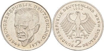 ФРГ 2 марки 1992 J , Курт Шумахер, 30 лет Федеративной Республике (1949-1979) KM 149, J. 424 медно-никель плакированный никелем 4168-444