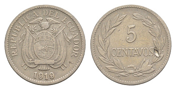 Эквадор 5 сентаво 1919 KM 63 медно-никель 4640-1111