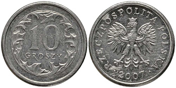 ПОЛЬША 10 ГРОШЕЙ 2007 MW KM 279 медно-никель 201-449