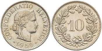 ШВЕЙЦАРИЯ 10 РАППЕНОВ 1959 В KM 27 медно-никель 4396-339