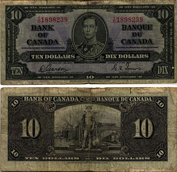 КАНАДА 10 ДОЛЛАРОВ 1937 ГЕОРГ VI, ПОДПИСЬ GORDON-TOWERS, BABNC Pick 61b бумага 451-257-1