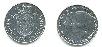 Нидерланды 2 1/2 гульдена 1980 коронация Беатрикс, 30 апреля 1980 KM 201 никель 84-1223