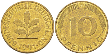 ФРГ 10 ПФЕННИГОВ 1991 J KM 108, J. 383 сталь плакированная латунью 4182-1011