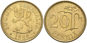 ФИНЛЯНДИЯ 20 ПЕННИ 1984 N KM 47 алюминиевая бронза 4563-335