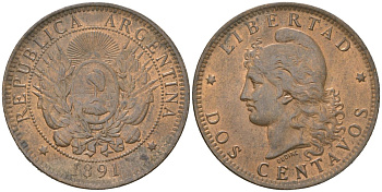 Аргентина 2 сентаво 1891 KM 33 бронза 221-1044