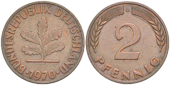 ФРГ 2 ПФЕННИГА 1970 G KM 106а, J. 381а сталь плакированная сталь плакированная медьюю 4181-762