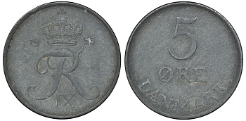 Дания 5 эре 1953 N; S, Фредерик IX KM 843.1 цинк 4162-123