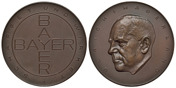Германия медаль ND Ульрих Хаберланд, основатель Bayer AG, футбол, в родной коробочке, 80 мм, 230 гр бронза UNC 4-3-5-32