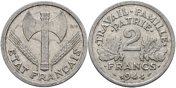 Франция 2 франка 1944 тип LOURDE, правительство Виши KM 904 алюминий 4187-1014