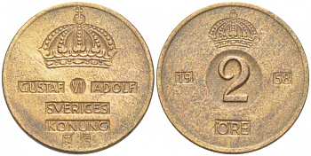 Швеция 2 эре 1958 TS, Густав VI Адольф (1950-1973) КМ 821 бронза 77-511