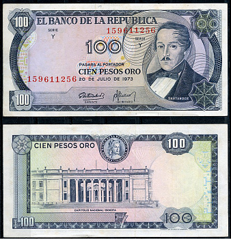 Колумбия 100 песо 1973 генерал Франсиско де Паула Сантандер, герой освободительной войны Pick 415  бумага  UNC (пресс) 7219-2-1-2