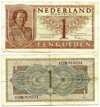 НИДЕРЛАНДЫ 1 ГУЛЬДЕН 1949 8 АВГУСТА 1949, КОРОЛЕВА ЮЛИАНА Pick 72 бумага 6287-16-1