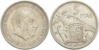 ИСПАНИЯ 5 ПЕСЕТ 1957 (72) ФРАНСИСКО ФРАНКО ДИКТАТОР ИСПАНИИ (1939-1975) KM 786 медно-никель 210-1123