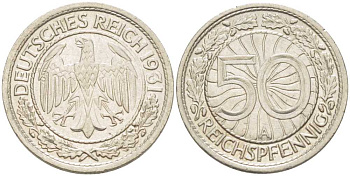 ГЕРМАНИЯ 50 РЕЙХСПФЕННИГОВ 1931 А KM 49, J. 324 никель 202-443