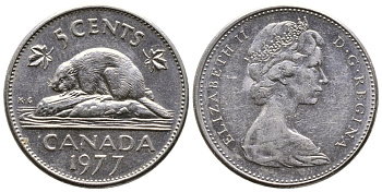 Канада 5 центов 1977 Елизавета II (1952-2022), бобр KM 60.1 никель 4364-2442