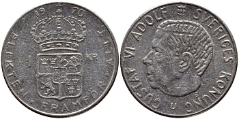 Швеция 1 крона 1970 Густав VI Адольф (1950-1973) KM 826a медь плакированная медно-никелем 4388-1036