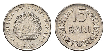 Румыния 15 бань (бани) 1966 KM 93 сталь плакированная никелем UNC 4615-855