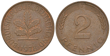ФРГ 2 пфеннига 1978 J KM 106a, J.381a сталь плакированная медью 4651-1268