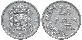 Люксембург 25 сантимов 1954 KM 45a.1 алюминий 4164-346
