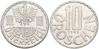 АВСТРИЯ 10 ГРОШЕЙ 1993 КМ 2878 алюминий 4573-242