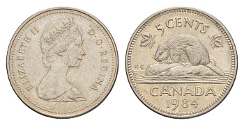 Канада 5 центов 1984 Елизавета II (1952-2022), бобр KM 60.2a медно-никель 4639-515