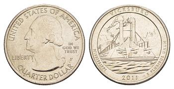 США 25 центов (квотер, 1/4 доллара) 2011 P, Квотеры «Парки США» - Национальный парк Виксбург KM 497 медь плакированная медно-никелем UNC 4638-425