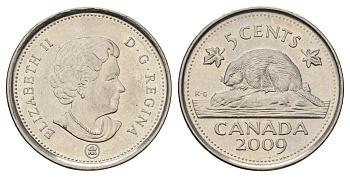 Канада 5 центов 2009 Leaf, Елизавета II (1952-2022), бобр KM 491 сталь плакированная никелем 4689-518
