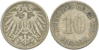 ГЕРМАНИЯ 10 ПФЕННИГОВ 1899 D KM 12, J. 13, Weege 8 медно-никель 261-1326