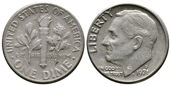 США 10 ЦЕНТОВ = 1 ДАЙМ 1971 D, РУЗВЕЛЬТ KM 195а медь плакированная медно-никелем 73-238