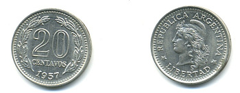Аргентина 20 сентаво 1957 голова Свободы влево KM 55 сталь плакированная никелем 80-237