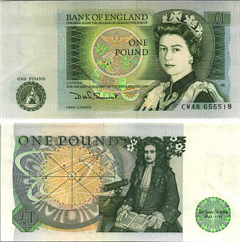 Англия 1 фунт ND (1978-1984) сэр Исаак Ньютон, черная подпись D.H.F. Somerset Pick 377 b  бумага  аUNC 00-00