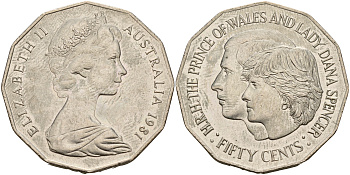 Австралия 50 центов 1981 Елизавета II (1952-2022), свадьба принца Чарльза и леди Дианы KM 72  медно-никель  UNC  4157-931