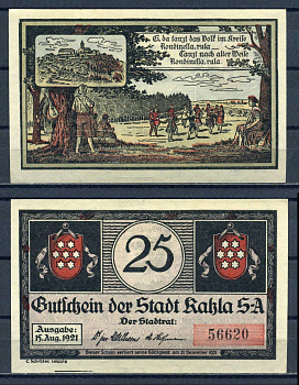 Кала (Тюрингия) 25 пфеннигов 1921 P?668.2a, бумага aUNC 7556-8-1-2