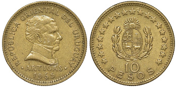 Уругвай 10 песо 1965 KM 48 алюминиевая бронза 81-234