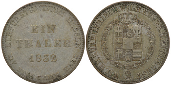 Гессен-Кассель 1 талер 1832 Вильгельм II Гессен-Кассельский (1821-1847) и Фридрих Вильгельм I (1831-1847) КМ 587, AKS 46, J. 32 серебро 00-000-00