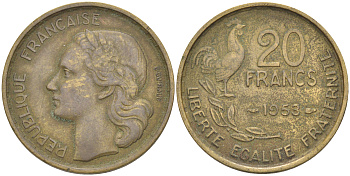 ФРАНЦИЯ 20 ФРАНКОВ 1953 ПЕТУХ KM 917.1 алюминиевая бронза 106-311