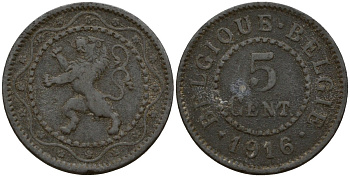 Бельгия 5 сантимов 1916 германская оккупация Первая мировая война, Альберт I (1910-1934) KM 80 цинк 4147-265
