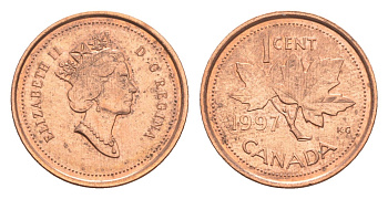 Канада 1 цент 1997 Елизавета II (1952-2022), кленовый лист KM 289 цинк плакированный медью 4651-621