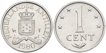 Нидерландские Антилы 1 цент 1980 Беатрикс (1980-2013) KM 8а алюминий UNC 4585-949