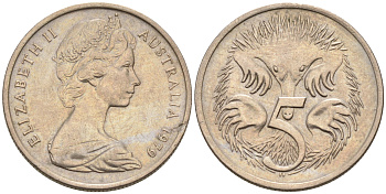 АВСТРАЛИЯ 5 ЦЕНТОВ 1979 ЕЛИЗАВЕТА II, МОЛОДОЙ ПОРТРЕТ, ЕХИДНА KM 64 медно-никель 4564-1158