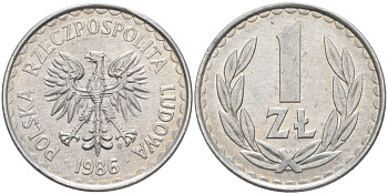 Польша 1 злотый 1986 MW KM 49.2 алюминий 3856-1142