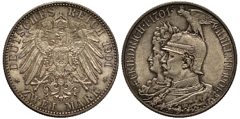 Пруссия 2 марки 1901 A, 200 лет Прусской королевской династии (Фридрих I - Вильгельм II) J.105, Weege 105, KM 525 серебро 413-3721