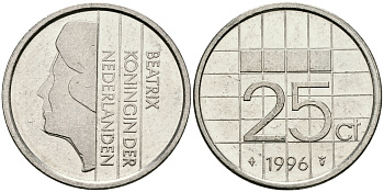 НИДЕРЛАНДЫ 25 ЦЕНТОВ 1996 БЕАТРИКС KM 204 никель 96-331