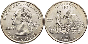 США 25 центов = квотер 2005 P, серия штаты США, Калифорния KM 370 медь плакированная медно-никелем UNC M50-09